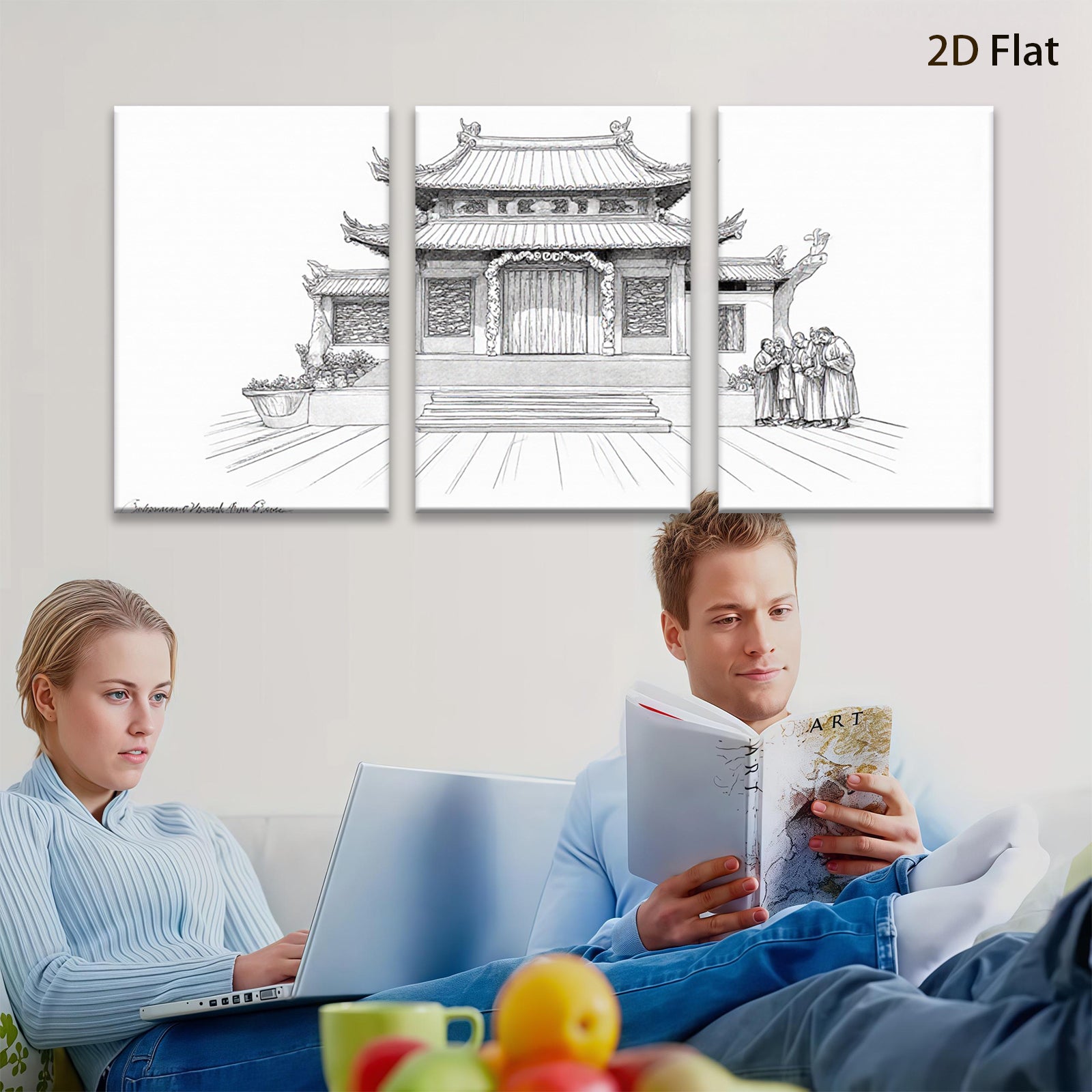 2D flat 1pc Ancient Chinese Temple Courtyard Wall Art Canvas Prints Living Room Bedroom Home Decor farmhouse style gallery wrapped modern minimalist