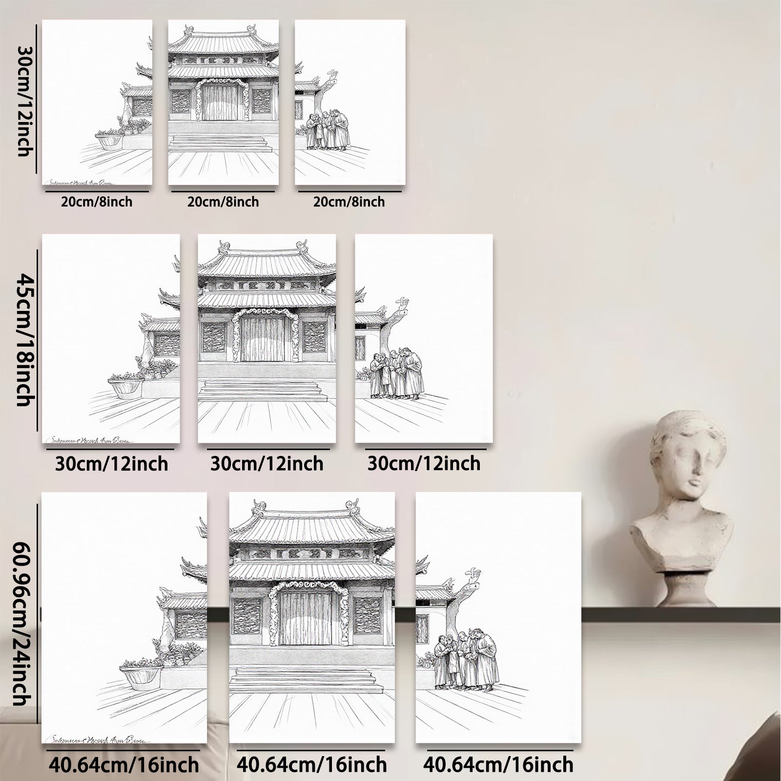 2D flat 1pc Ancient Chinese Temple Courtyard Wall Art Canvas Prints Living Room Bedroom Home Decor farmhouse style gallery wrapped modern minimalist