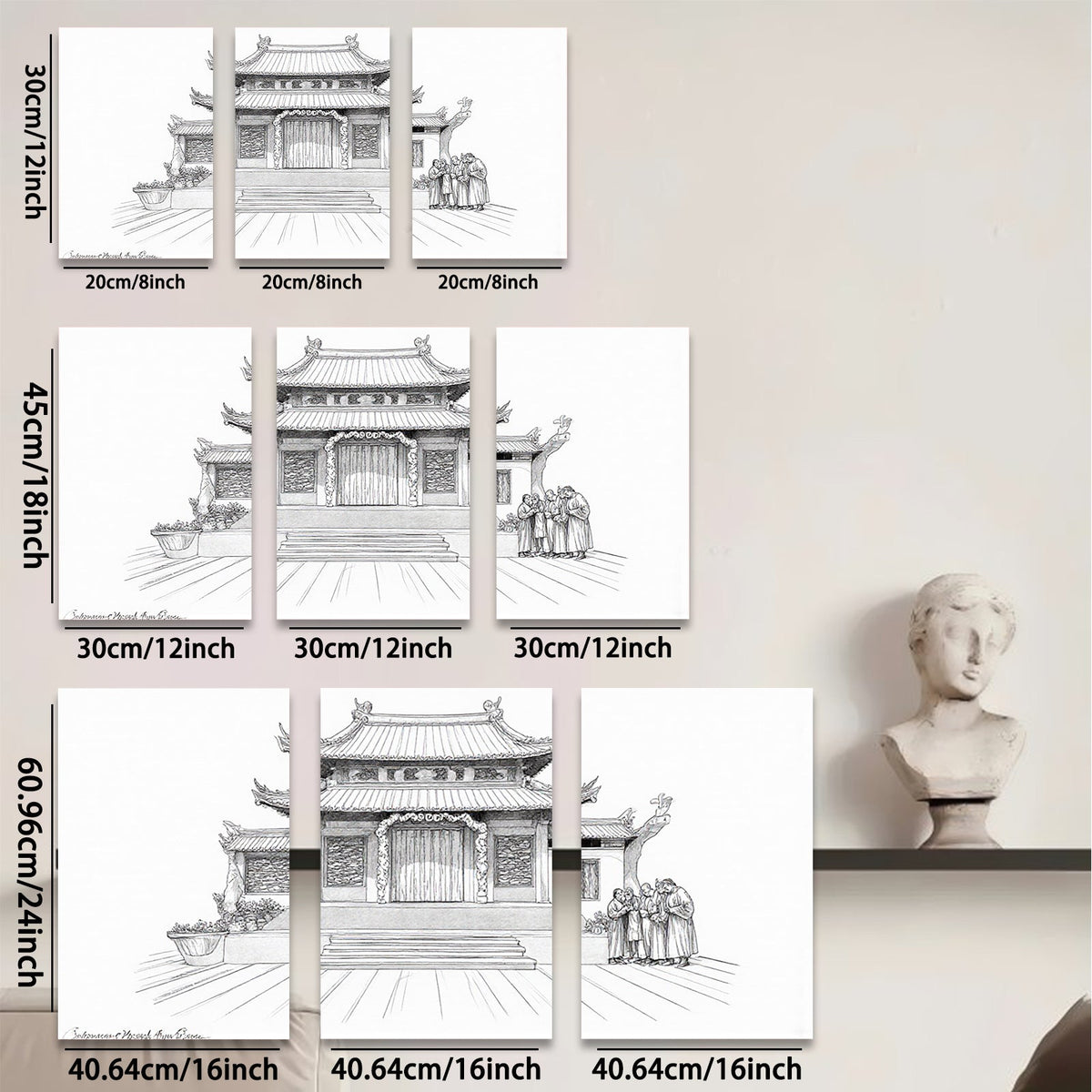 2D flat 1pc Ancient Chinese Temple Courtyard Wall Art Canvas Prints Living Room Bedroom Home Decor farmhouse style gallery wrapped modern minimalist