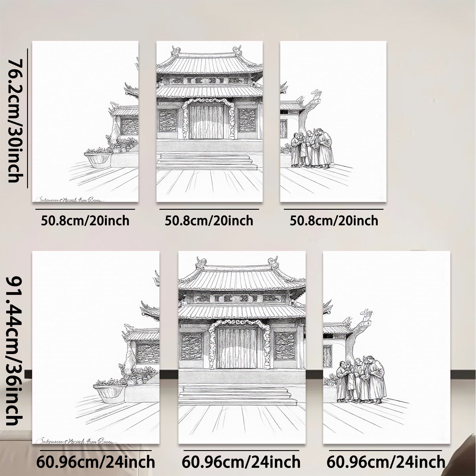 2D flat 1pc Ancient Chinese Temple Courtyard Wall Art Canvas Prints Living Room Bedroom Home Decor farmhouse style gallery wrapped modern minimalist