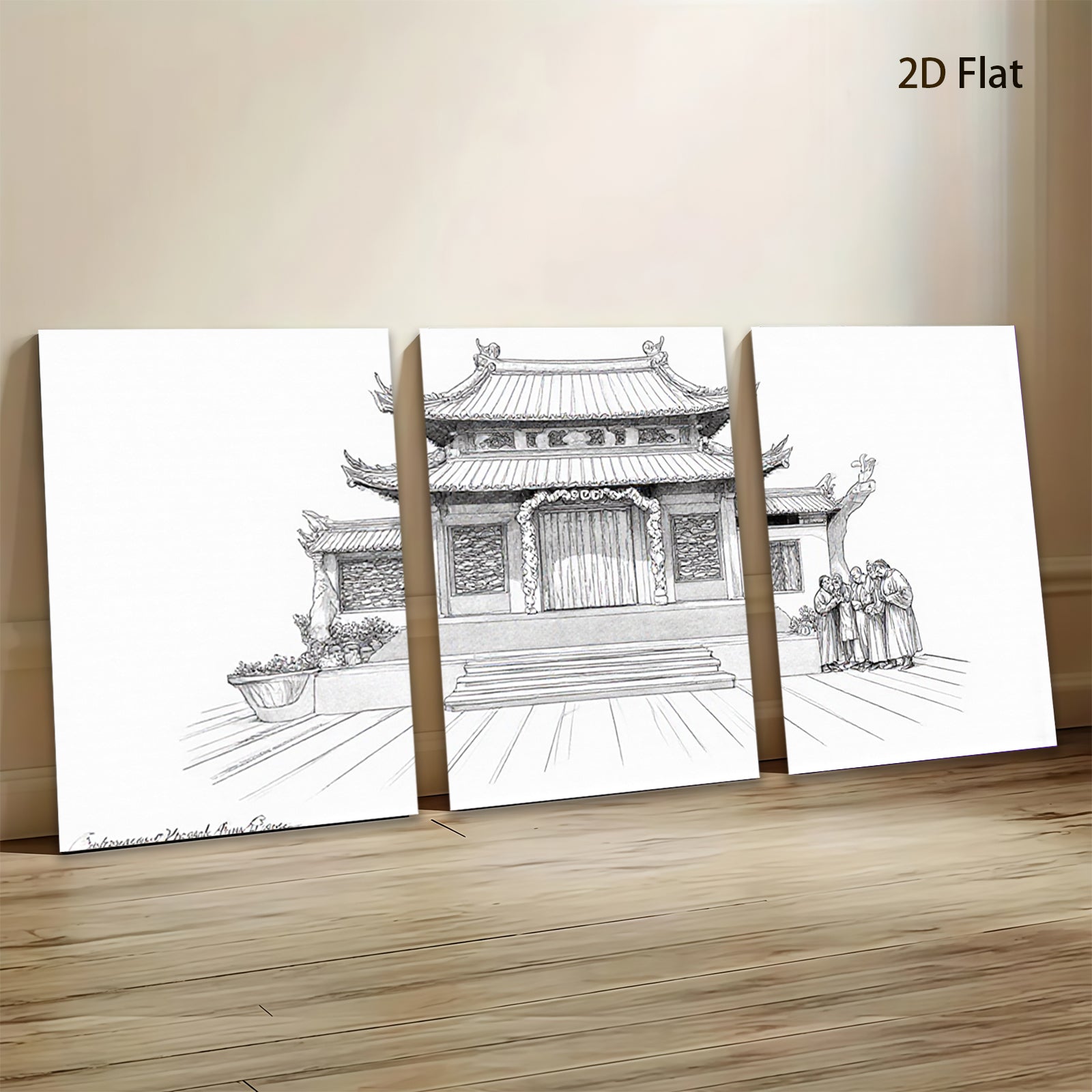 2D flat 1pc Ancient Chinese Temple Courtyard Wall Art Canvas Prints Living Room Bedroom Home Decor farmhouse style gallery wrapped modern minimalist