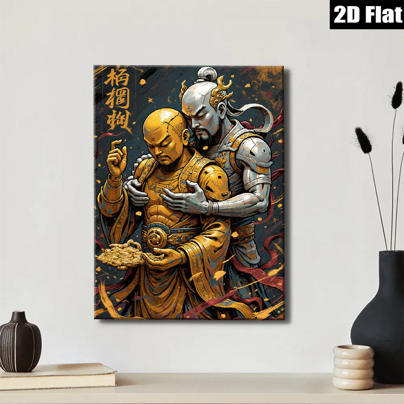 2D flat 1pc Ancient Warriors Embrace Golden Treasure Wall Art Decor Living Room Bedroom Canvas Prints Modern Farmhouse Aesthetic Gallery Wrapped Ready to Hang