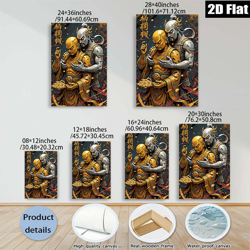 2D flat 1pc Ancient Warriors Embrace Golden Treasure Wall Art Decor Living Room Bedroom Canvas Prints Modern Farmhouse Aesthetic Gallery Wrapped Ready to Hang