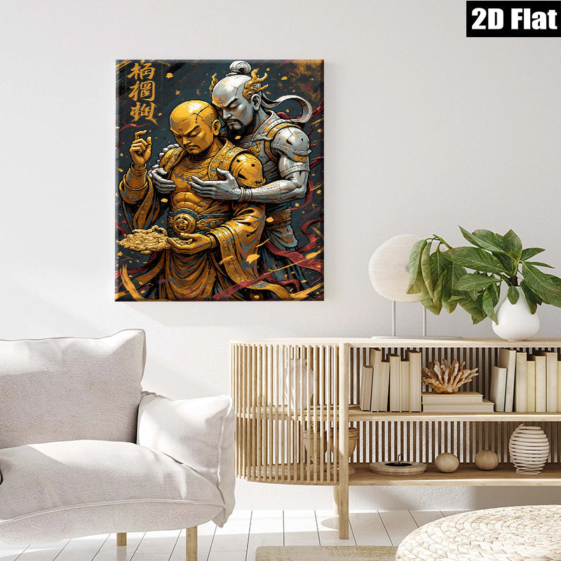 2D flat 1pc Ancient Warriors Embrace Golden Treasure Wall Art Decor Living Room Bedroom Canvas Prints Modern Farmhouse Aesthetic Gallery Wrapped Ready to Hang