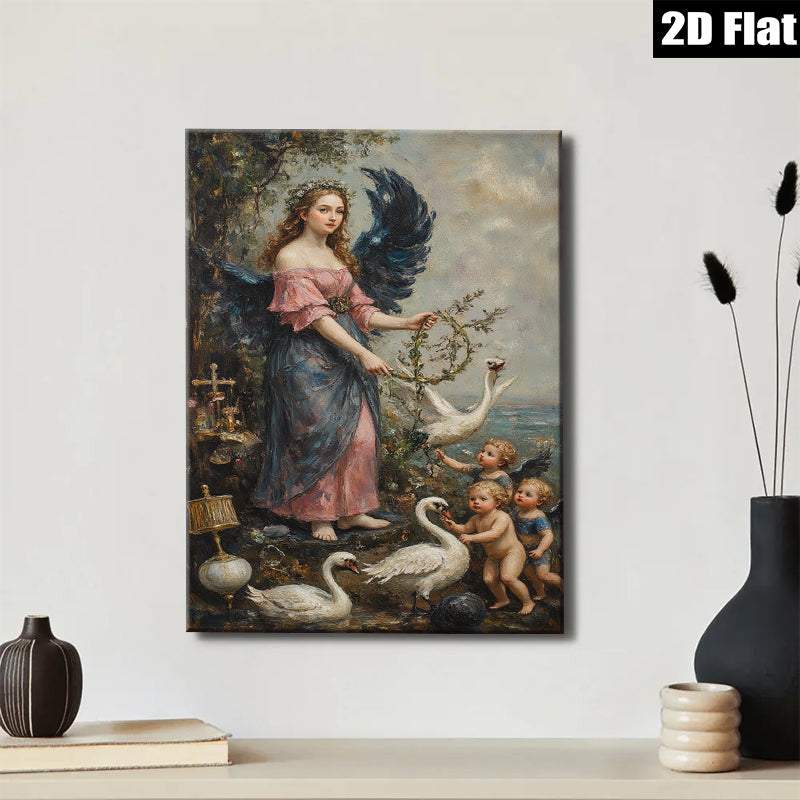 2D flat 1pc Angel with Swans Cherubs Pastoral Wall Art Living Room Bedroom Decor Farmhouse Style Gallery Wrapped Canvas Print Home Ornament