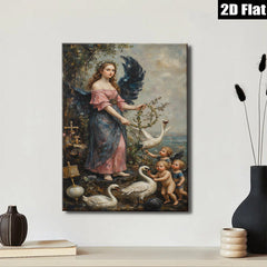 2D flat 1pc Angel with Swans Cherubs Pastoral Wall Art Living Room Bedroom Decor Farmhouse Style Gallery Wrapped Canvas Print Home Ornament