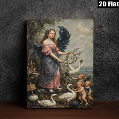 2D flat 1pc Angel with Swans Cherubs Pastoral Wall Art Living Room Bedroom Decor Farmhouse Style Gallery Wrapped Canvas Print Home Ornament