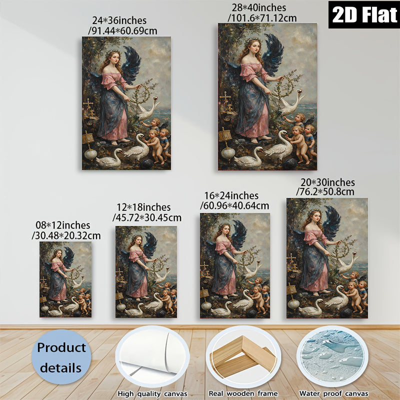 2D flat 1pc Angel with Swans Cherubs Pastoral Wall Art Living Room Bedroom Decor Farmhouse Style Gallery Wrapped Canvas Print Home Ornament