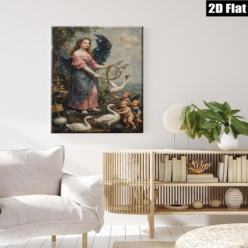 2D flat 1pc Angel with Swans Cherubs Pastoral Wall Art Living Room Bedroom Decor Farmhouse Style Gallery Wrapped Canvas Print Home Ornament