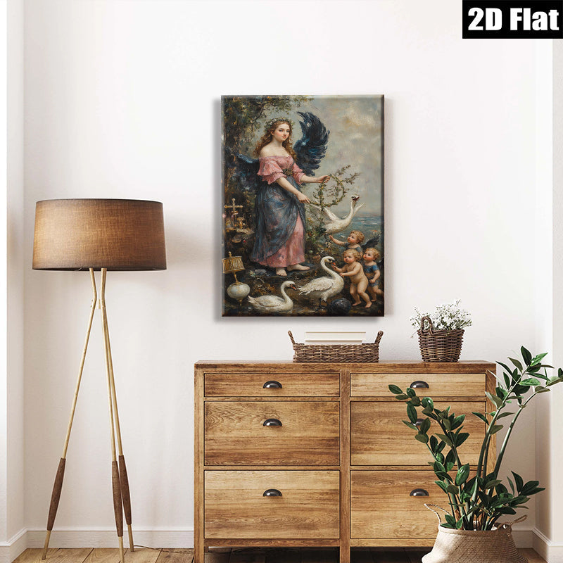 2D flat 1pc Angel with Swans Cherubs Pastoral Wall Art Living Room Bedroom Decor Farmhouse Style Gallery Wrapped Canvas Print Home Ornament