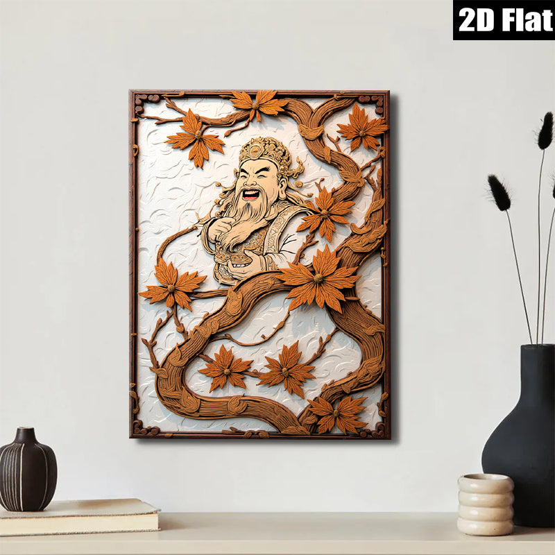 2D flat 1pc Asian God of Wealth intricate wood carving wall decor for living room bedroom office farmhouse style modern art gallery wrapped canvas prints