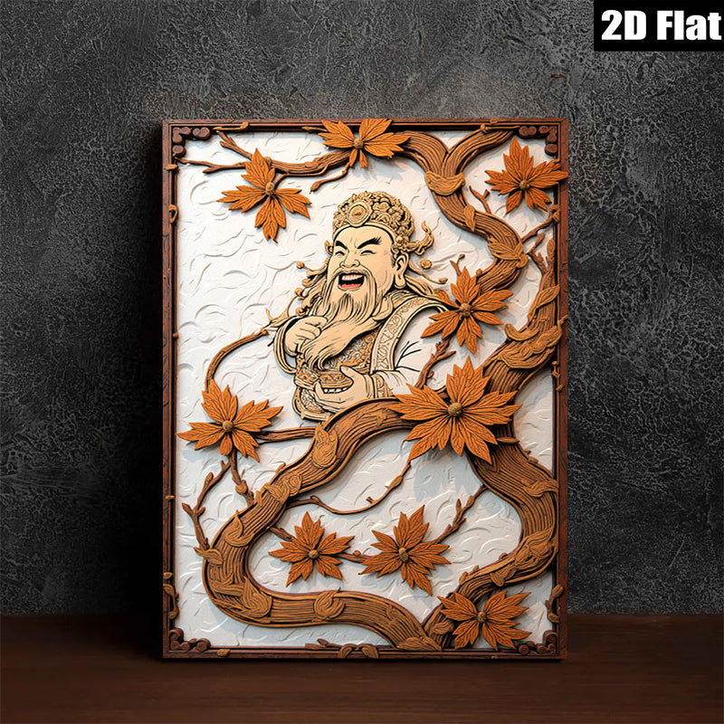 2D flat 1pc Asian God of Wealth intricate wood carving wall decor for living room bedroom office farmhouse style modern art gallery wrapped canvas prints