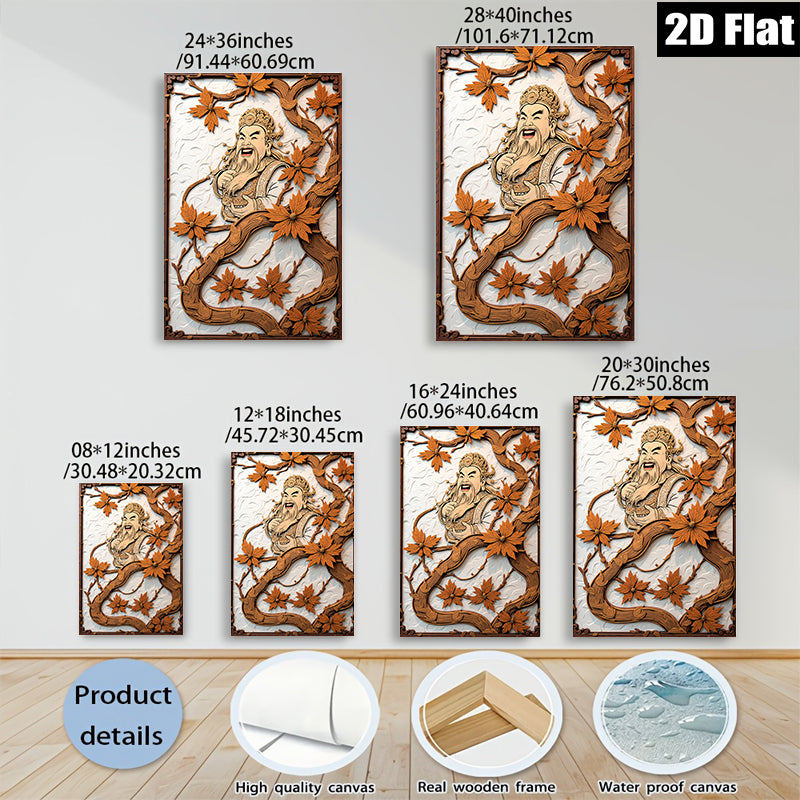 2D flat 1pc Asian God of Wealth intricate wood carving wall decor for living room bedroom office farmhouse style modern art gallery wrapped canvas prints