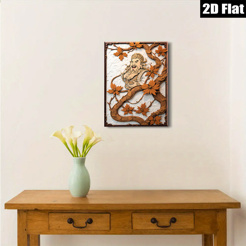 2D flat 1pc Asian God of Wealth intricate wood carving wall decor for living room bedroom office farmhouse style modern art gallery wrapped canvas prints