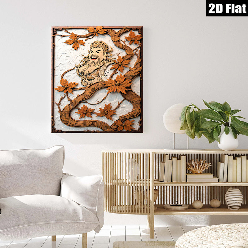 2D flat 1pc Asian God of Wealth intricate wood carving wall decor for living room bedroom office farmhouse style modern art gallery wrapped canvas prints