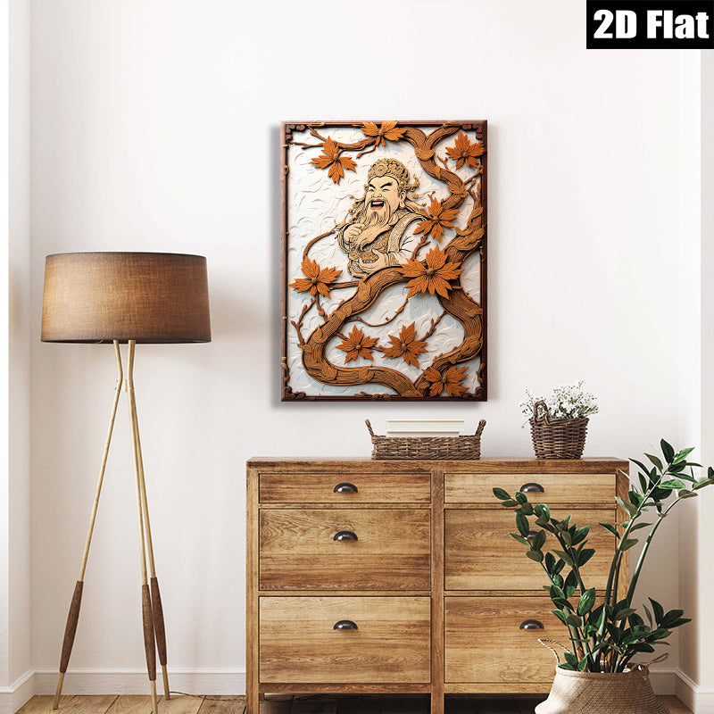2D flat 1pc Asian God of Wealth intricate wood carving wall decor for living room bedroom office farmhouse style modern art gallery wrapped canvas prints
