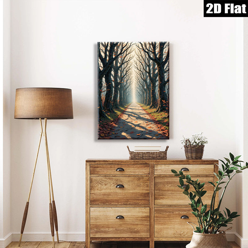 2D flat 1pc Autumn Forest Path Sunlight Streaming Cozy Living Room Bedroom Wall Decor Modern Farmhouse Rustic Gallery Wrapped Canvas Prints