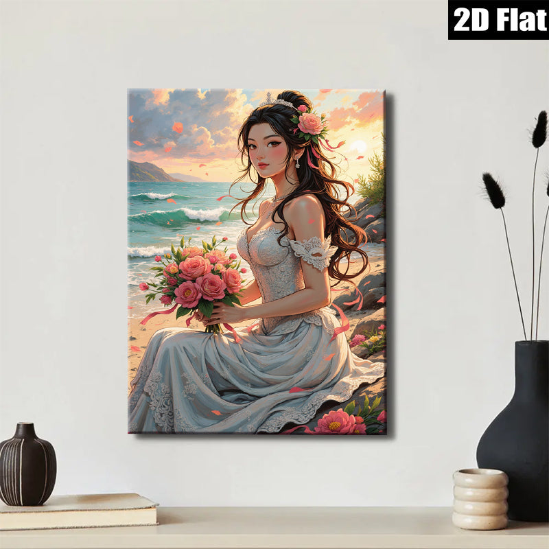 2D flat 1pc Beach Bride Romance Floral Bouquet Wall Art Canvas Prints Living Room Bedroom Decor Farmhouse Style Cozy Home Gifts Modern Gallery Wrapped