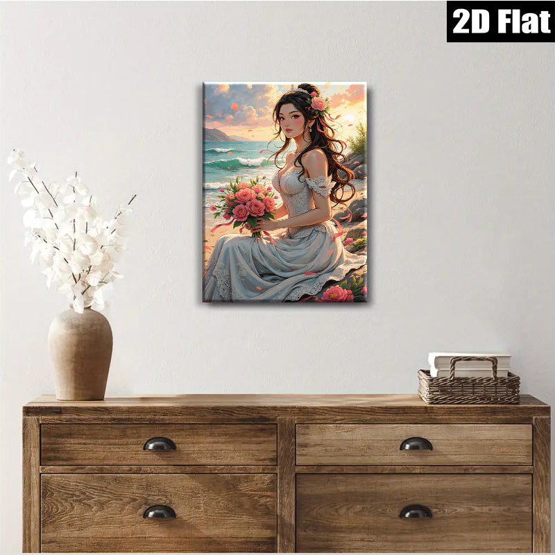 2D flat 1pc Beach Bride Romance Floral Bouquet Wall Art Canvas Prints Living Room Bedroom Decor Farmhouse Style Cozy Home Gifts Modern Gallery Wrapped