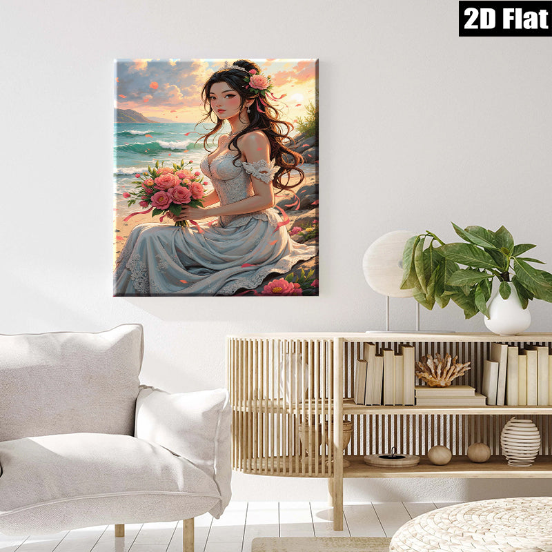 2D flat 1pc Beach Bride Romance Floral Bouquet Wall Art Canvas Prints Living Room Bedroom Decor Farmhouse Style Cozy Home Gifts Modern Gallery Wrapped