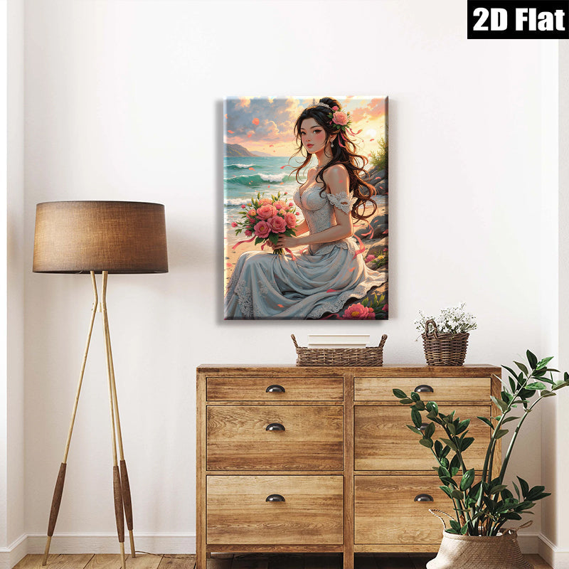 2D flat 1pc Beach Bride Romance Floral Bouquet Wall Art Canvas Prints Living Room Bedroom Decor Farmhouse Style Cozy Home Gifts Modern Gallery Wrapped
