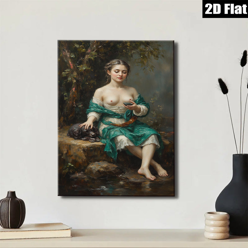 2D flat 1pc Beautiful Woman with Dog Pastoral Scene Wall Art for Living Room Bedroom Home Decor Gallery Wrapped Canvas Prints Ready to Hang Modern Farmhouse Style