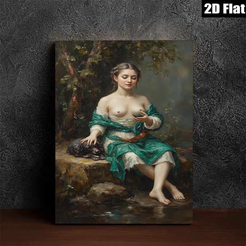 2D flat 1pc Beautiful Woman with Dog Pastoral Scene Wall Art for Living Room Bedroom Home Decor Gallery Wrapped Canvas Prints Ready to Hang Modern Farmhouse Style