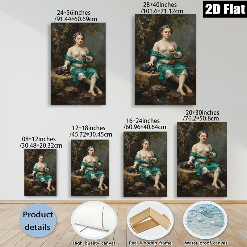 2D flat 1pc Beautiful Woman with Dog Pastoral Scene Wall Art for Living Room Bedroom Home Decor Gallery Wrapped Canvas Prints Ready to Hang Modern Farmhouse Style