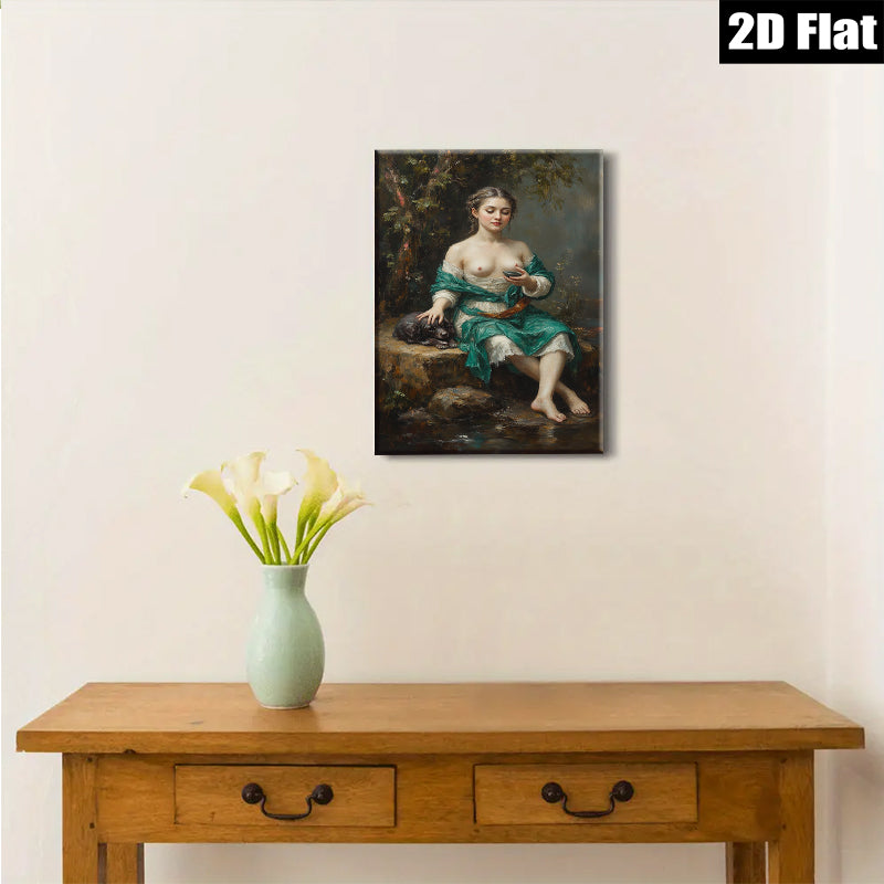 2D flat 1pc Beautiful Woman with Dog Pastoral Scene Wall Art for Living Room Bedroom Home Decor Gallery Wrapped Canvas Prints Ready to Hang Modern Farmhouse Style