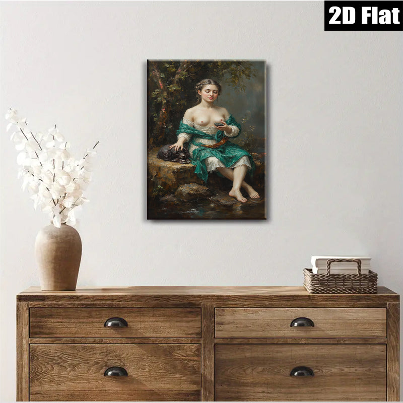 2D flat 1pc Beautiful Woman with Dog Pastoral Scene Wall Art for Living Room Bedroom Home Decor Gallery Wrapped Canvas Prints Ready to Hang Modern Farmhouse Style