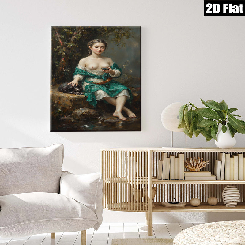 2D flat 1pc Beautiful Woman with Dog Pastoral Scene Wall Art for Living Room Bedroom Home Decor Gallery Wrapped Canvas Prints Ready to Hang Modern Farmhouse Style