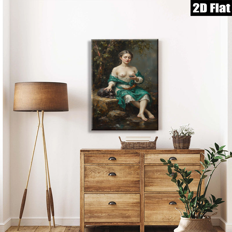 2D flat 1pc Beautiful Woman with Dog Pastoral Scene Wall Art for Living Room Bedroom Home Decor Gallery Wrapped Canvas Prints Ready to Hang Modern Farmhouse Style