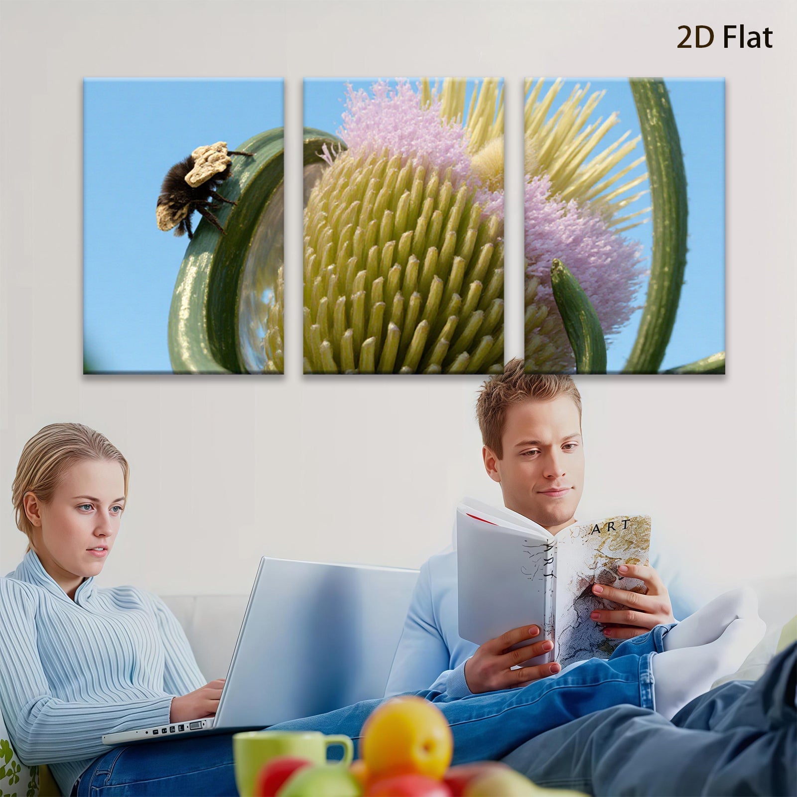 2D flat 1pc Bee on Thistle Bloom Floral Art Wall Decor Living Room Bedroom Modern Farmhouse Rustic Chic Gallery Wrapped Canvas Print