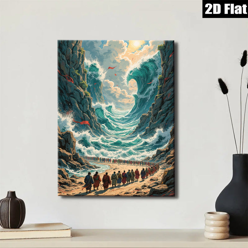 2D flat 1pc Biblical Exodus Dramatic Red Sea Crossing Wall Art Living Room Decor Gallery Wrapped Canvas Print Home Office Modern Farmhouse Coastal Aesthetic