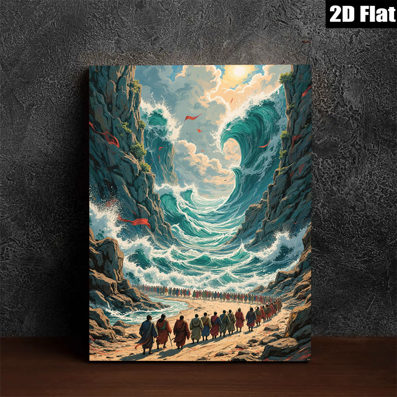 2D flat 1pc Biblical Exodus Dramatic Red Sea Crossing Wall Art Living Room Decor Gallery Wrapped Canvas Print Home Office Modern Farmhouse Coastal Aesthetic