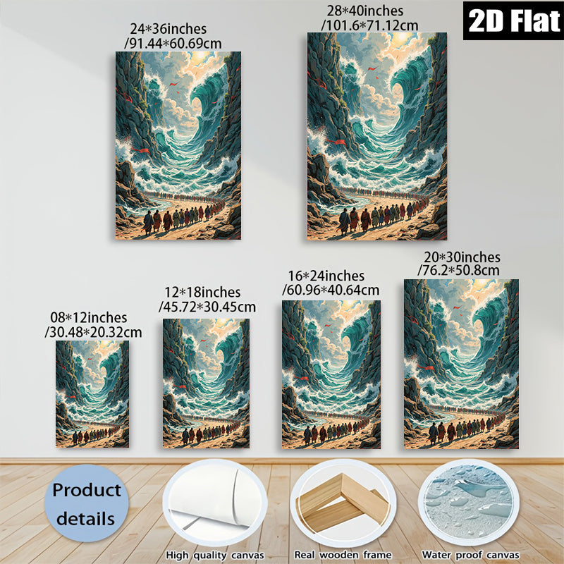 2D flat 1pc Biblical Exodus Dramatic Red Sea Crossing Wall Art Living Room Decor Gallery Wrapped Canvas Print Home Office Modern Farmhouse Coastal Aesthetic