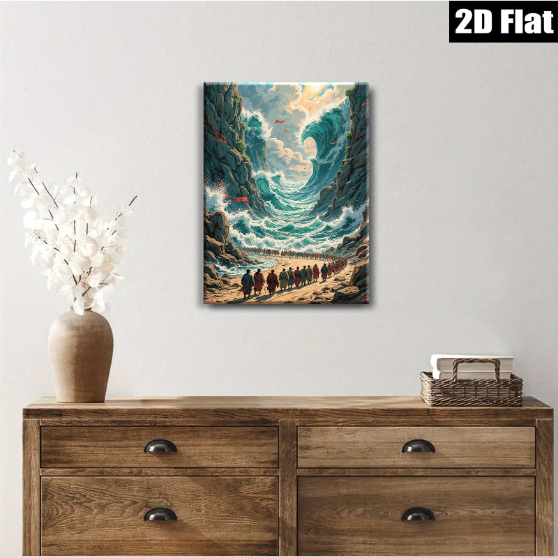 2D flat 1pc Biblical Exodus Dramatic Red Sea Crossing Wall Art Living Room Decor Gallery Wrapped Canvas Print Home Office Modern Farmhouse Coastal Aesthetic