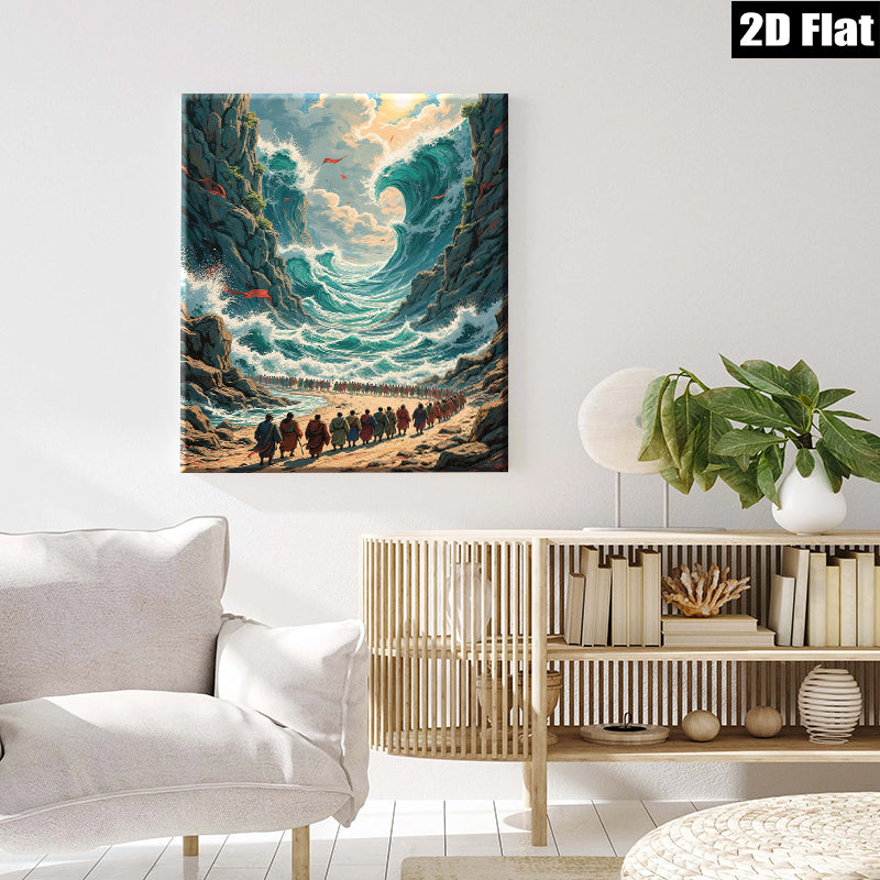 2D flat 1pc Biblical Exodus Dramatic Red Sea Crossing Wall Art Living Room Decor Gallery Wrapped Canvas Print Home Office Modern Farmhouse Coastal Aesthetic