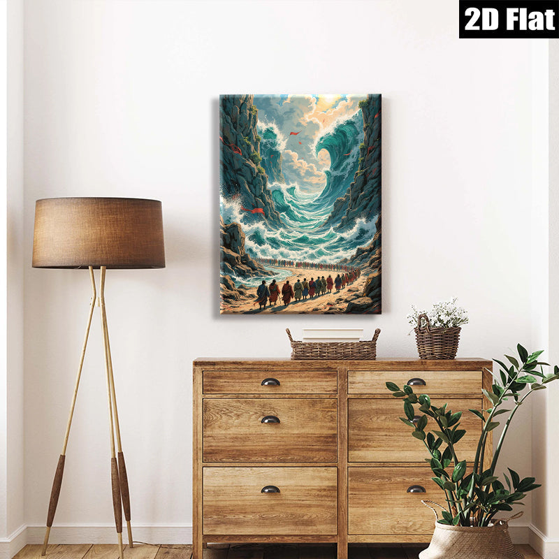 2D flat 1pc Biblical Exodus Dramatic Red Sea Crossing Wall Art Living Room Decor Gallery Wrapped Canvas Print Home Office Modern Farmhouse Coastal Aesthetic