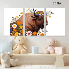 2D flat 1pc Bison floral portrait wall art canvas prints farmhouse decor living room bedroom modern rustic gallery wrapped timeless statement piece cozy vibes