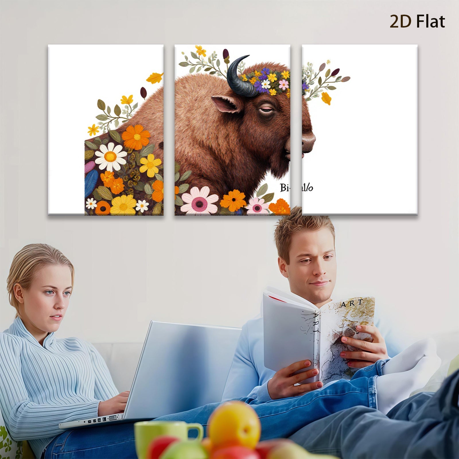 2D flat 1pc Bison floral portrait wall art canvas prints farmhouse decor living room bedroom modern rustic gallery wrapped timeless statement piece cozy vibes