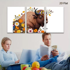 2D flat 1pc Bison floral portrait wall art canvas prints farmhouse decor living room bedroom modern rustic gallery wrapped timeless statement piece cozy vibes