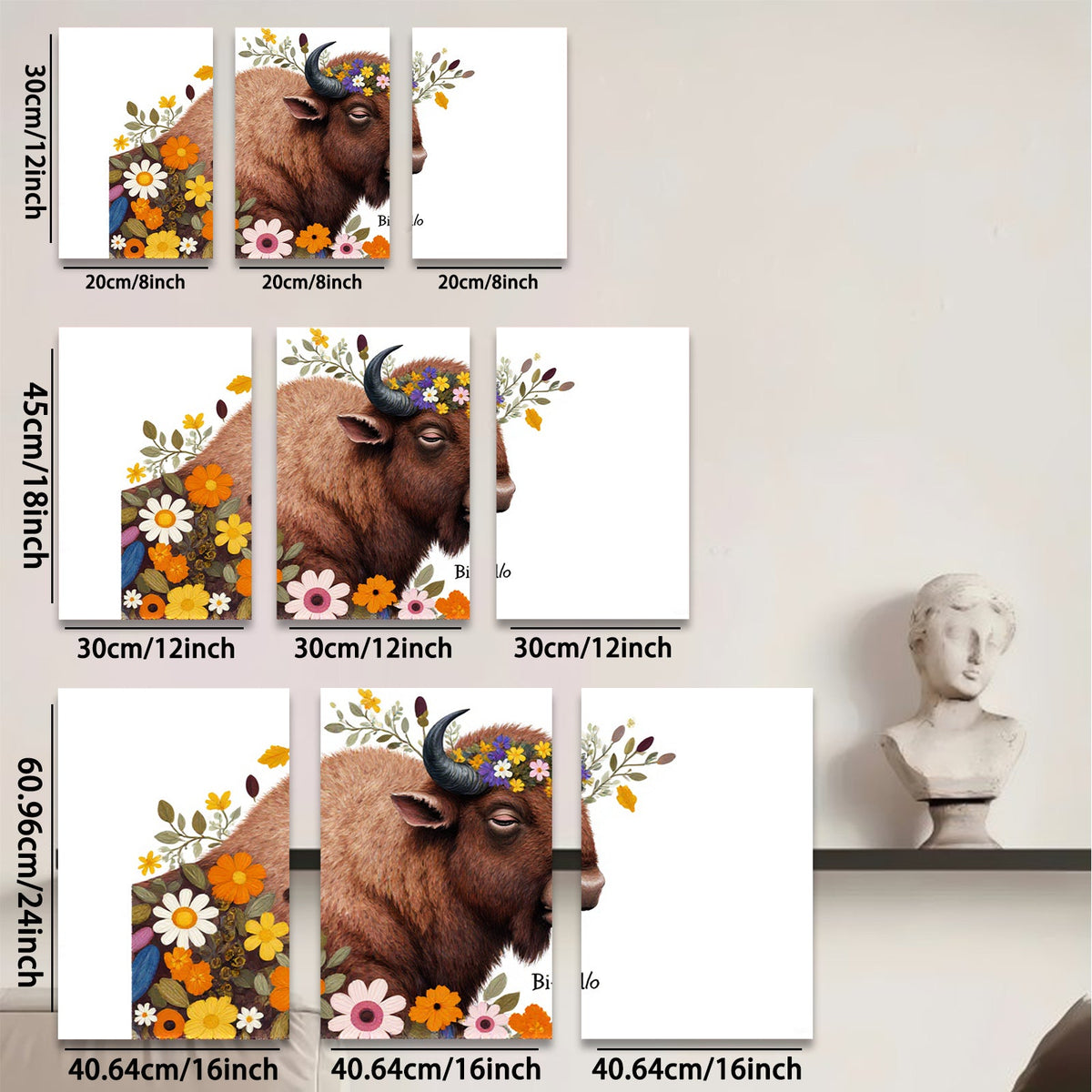 2D flat 1pc Bison floral portrait wall art canvas prints farmhouse decor living room bedroom modern rustic gallery wrapped timeless statement piece cozy vibes