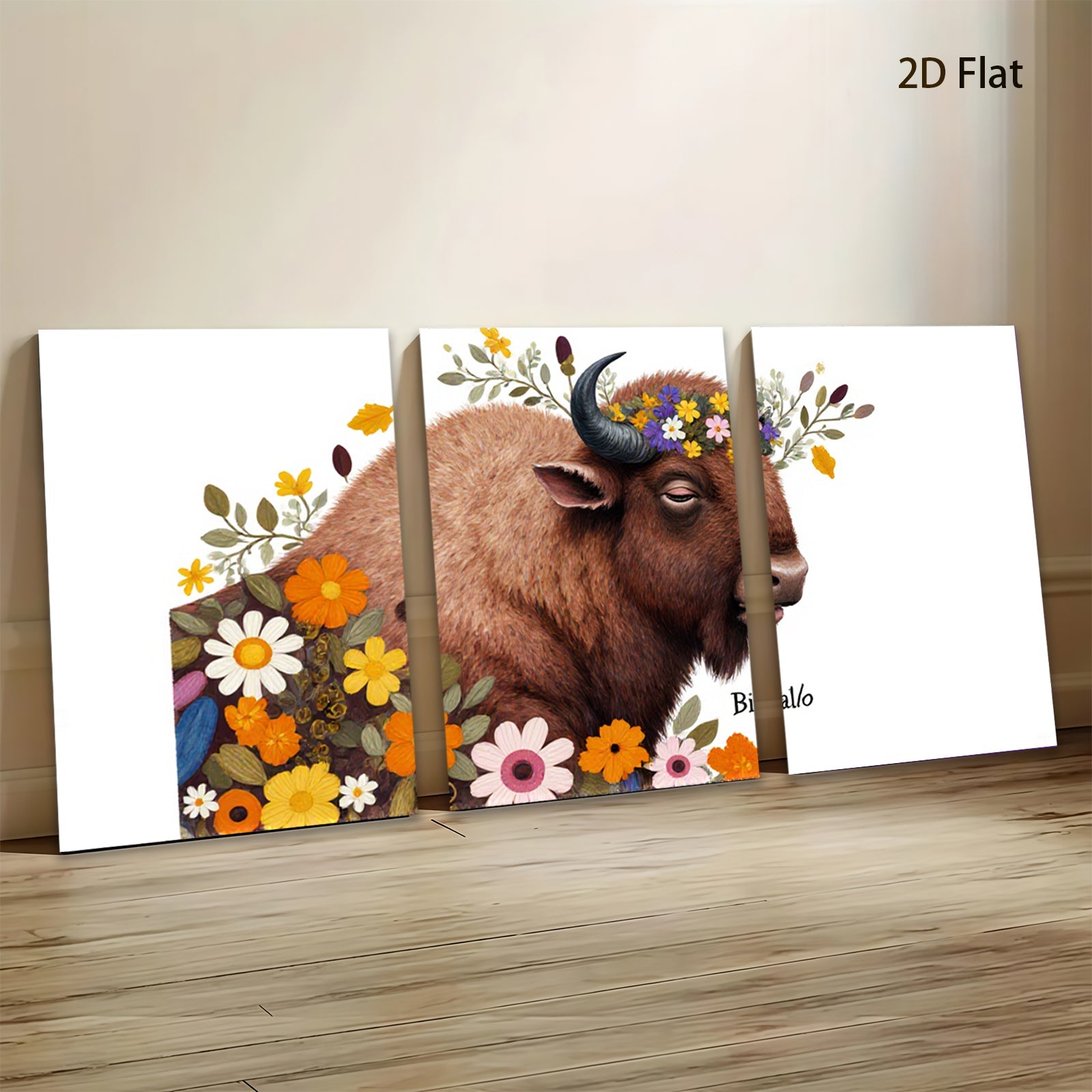 2D flat 1pc Bison floral portrait wall art canvas prints farmhouse decor living room bedroom modern rustic gallery wrapped timeless statement piece cozy vibes