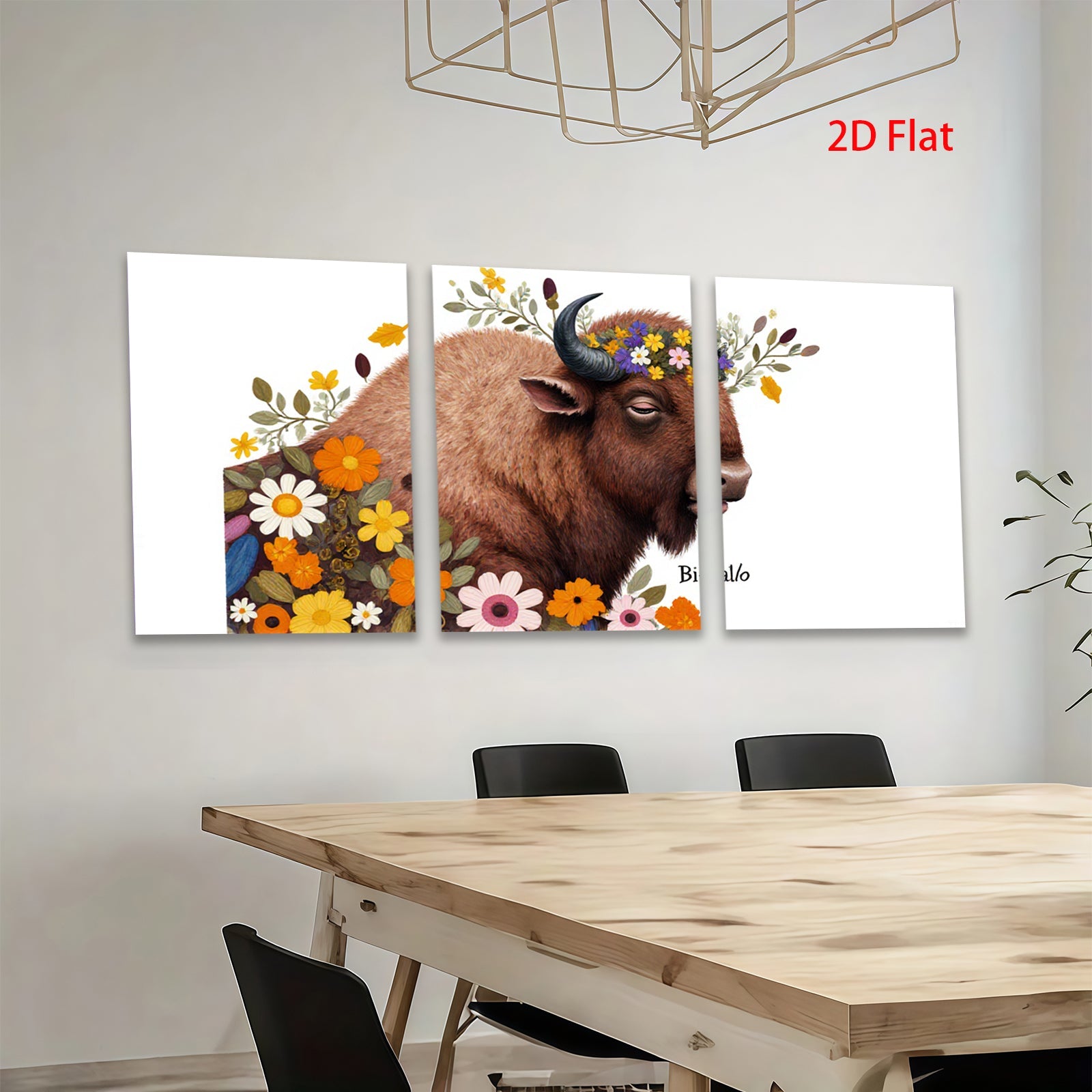 2D flat 1pc Bison floral portrait wall art canvas prints farmhouse decor living room bedroom modern rustic gallery wrapped timeless statement piece cozy vibes