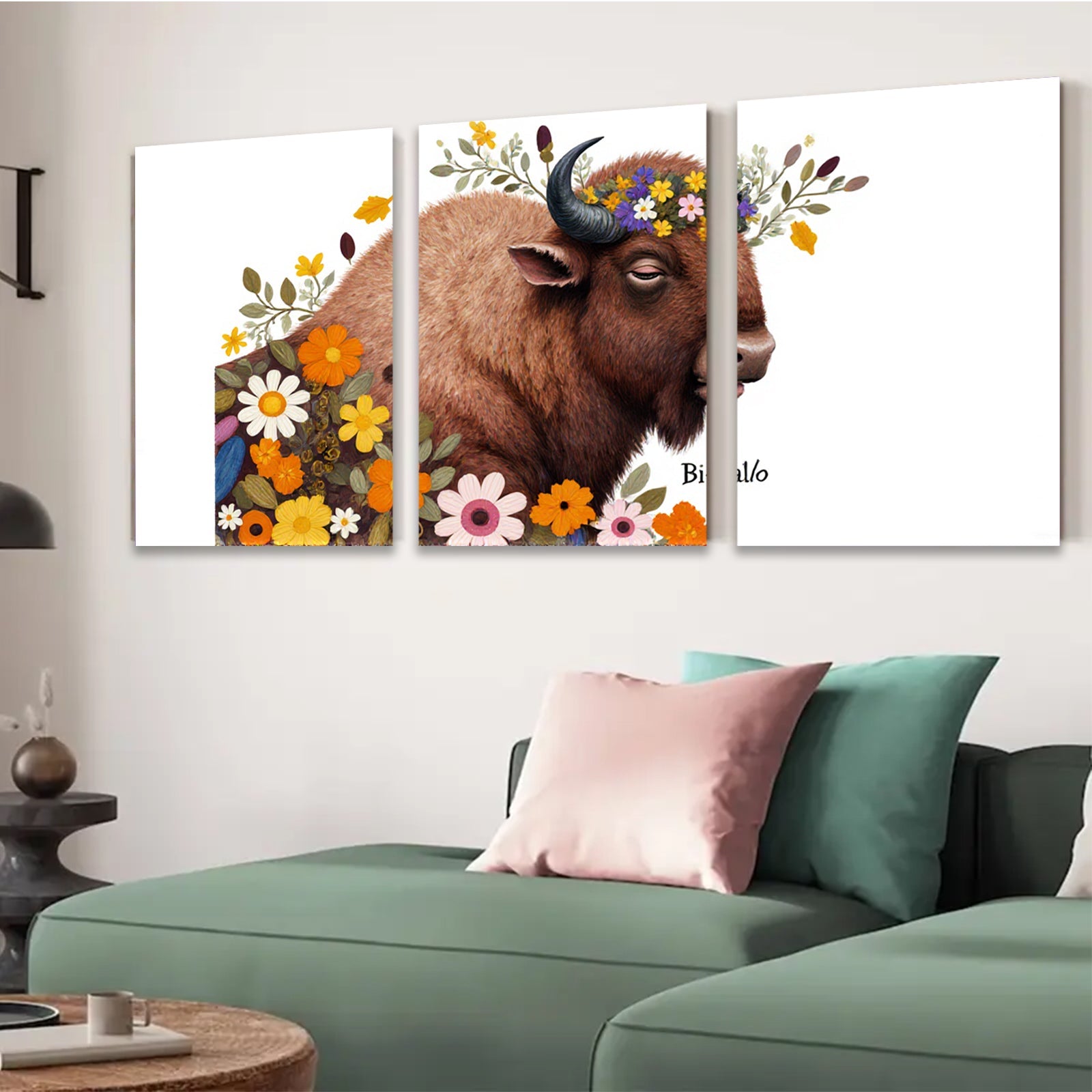 2D flat 1pc Bison floral portrait wall art canvas prints farmhouse decor living room bedroom modern rustic gallery wrapped timeless statement piece cozy vibes