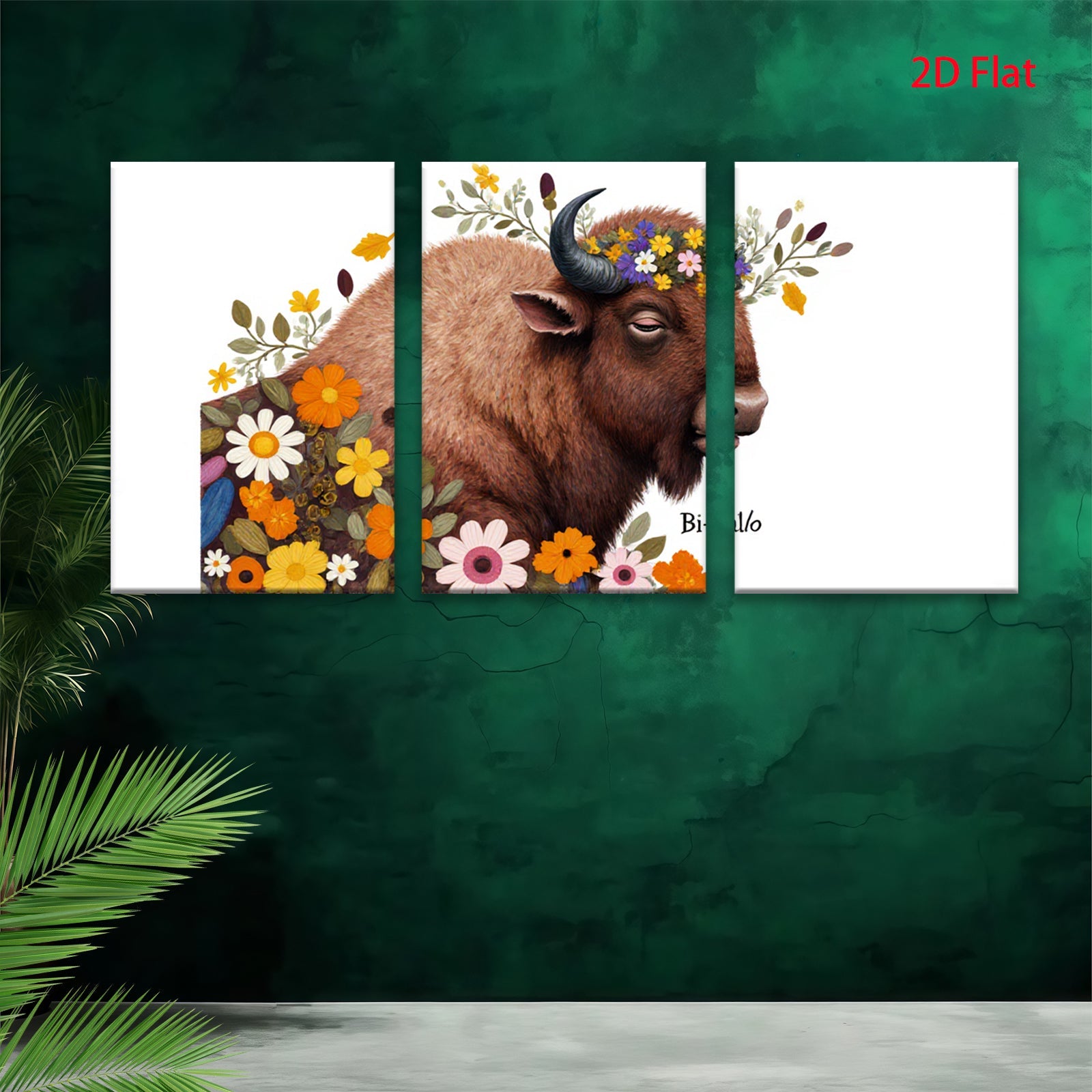 2D flat 1pc Bison floral portrait wall art canvas prints farmhouse decor living room bedroom modern rustic gallery wrapped timeless statement piece cozy vibes