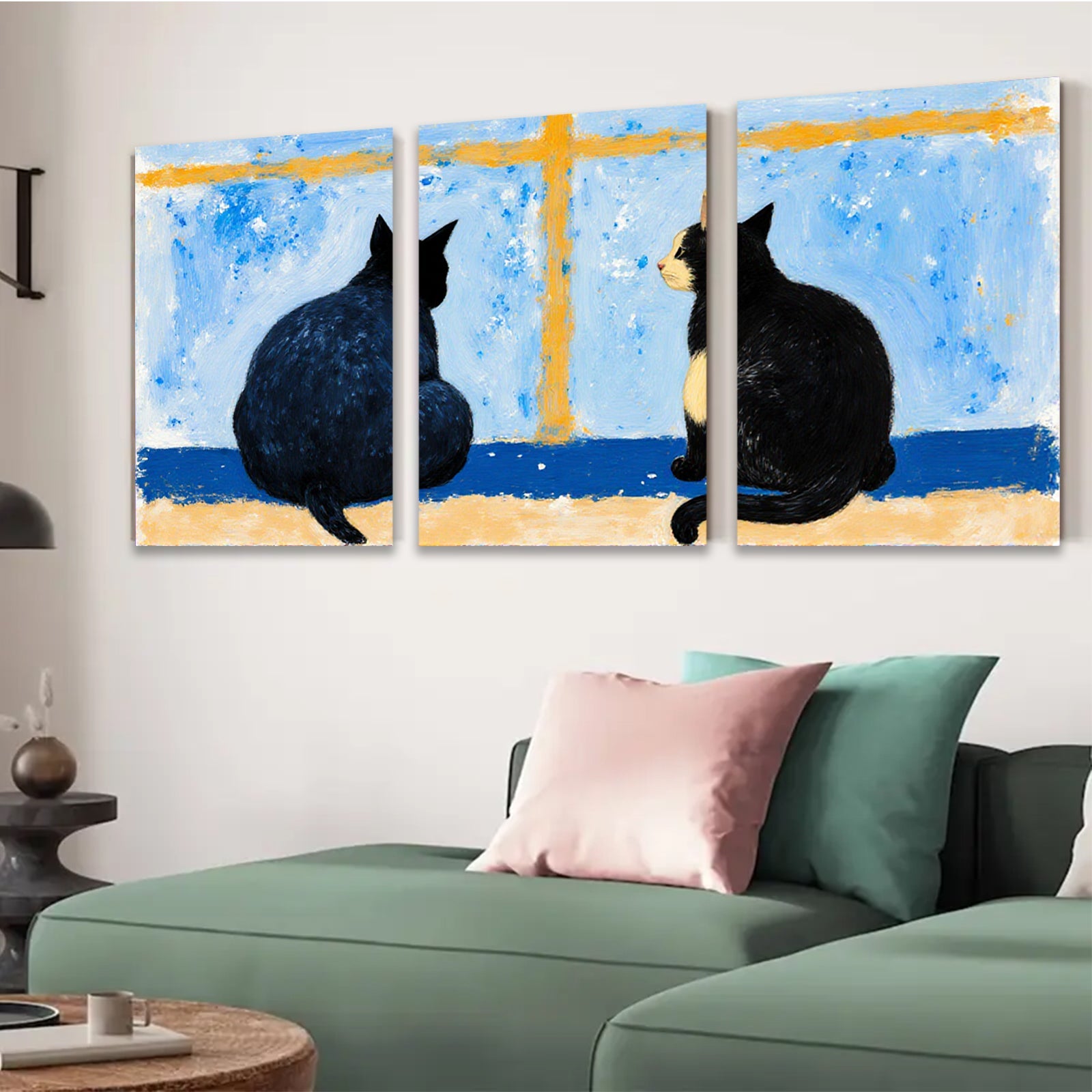 2D flat 1pc Black Cats Facing Each Other Whimsical Wall Art Living Room Bedroom Decor Farmhouse Style Modern Minimalist Canvas Prints Ready To Hang