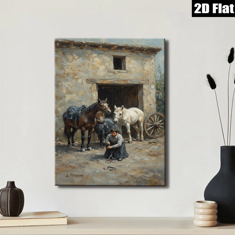 2D flat 1pc Black White Horses Stable Scene Farm Animal Portrait Wall Decor Living Room Bedroom Art Canvas Prints Modern Farmhouse Style