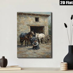 2D flat 1pc Black White Horses Stable Scene Farm Animal Portrait Wall Decor Living Room Bedroom Art Canvas Prints Modern Farmhouse Style